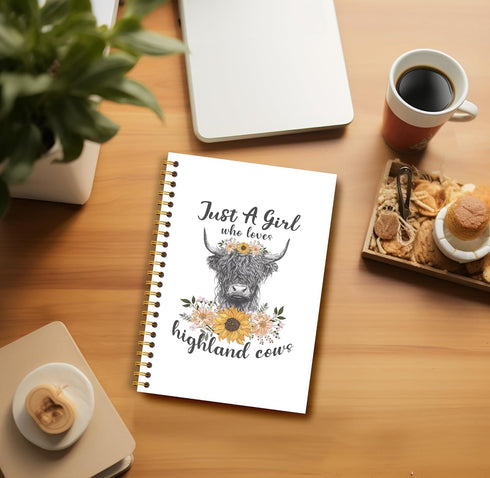 Highland Cow Notebook, Western Cow Gifts, Spiral Notebook 5.5x8.3, Highland Cow Office Supplies, Just a Girl Who Loves