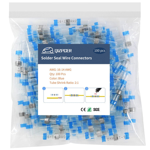 100 Pcs 16-14 AWG Solder Seal Wire Connectors, Waterproof Electrical Wiring Butt Terminal
