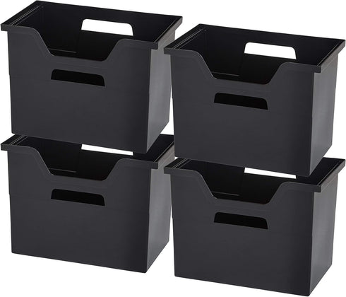 IRIS USA Large Portable Desktop File Box, 4 Pack with Open Lid, Side Handles for Letter Size, Black