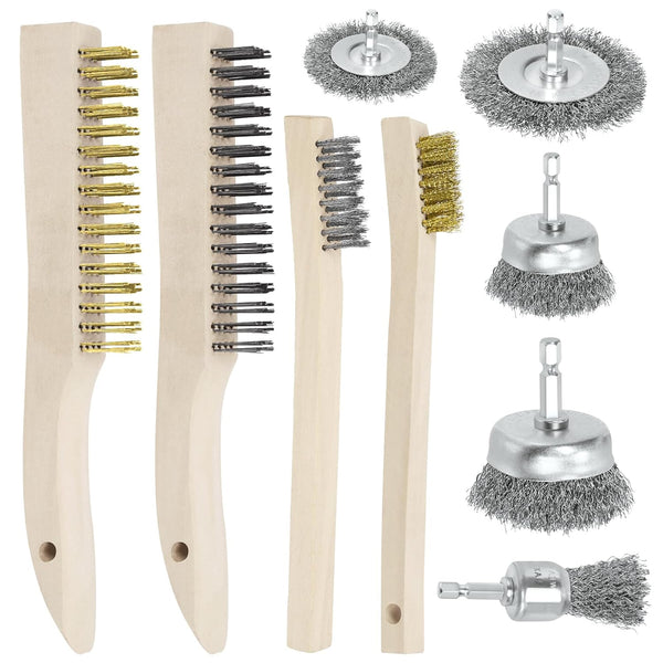 Swpeet 9Pcs Wire Scratch Brush Kit, Including 5Pcs Wire Wheel Cup Brush and 3Pcs Brass/Stainless/Carbon Steel Brushes