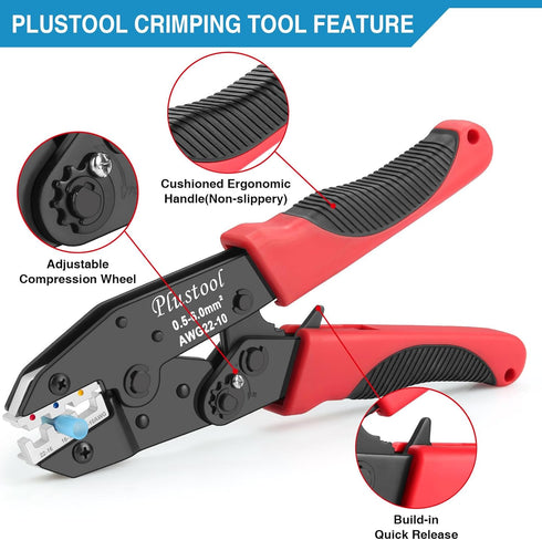 Plustool 6PCS Set Crimping Tool - Ratcheting Wire Crimper - for Heat Shrink, Insulated Nylon, Non-Insulated, Ferrule