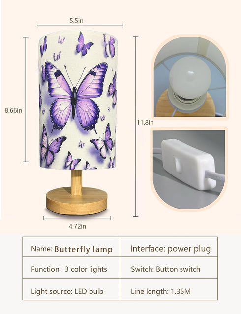 Bedroom,3 Bulb Butterfly Lamp, Butterfly Lamps for Girls Color Night Light Wood Nightstand Desk Base Flaxen Fabric