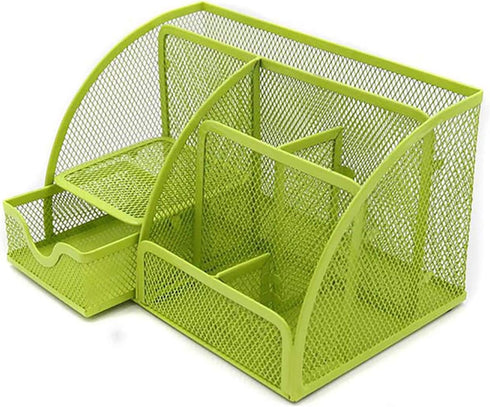 VANRA Mesh Desk Organizer, Office Supply Caddy with 6 Compartments and Drawer (Green)
