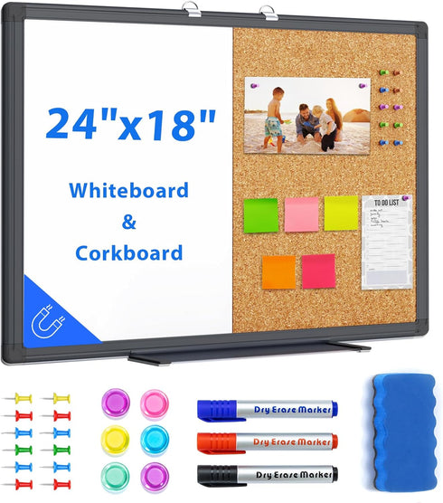 maxtek Combination White Board & Bulletin Cork Board, 24 x 18 Magnetic Dry Erase Board with Black Aluminum Frame