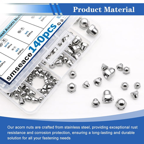 smseace 140Pcs 304 6-Sizes M3/M4/M5/M6/M8/M10 Stainless Steel Acorn Nuts Assortment Kit Bolt Covers Caps