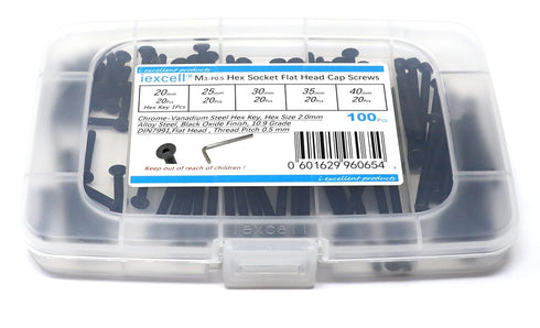 iexcell 100 Pcs M3 Hex Socket Flat Head Cap Screws Bolts Assortment Kit - 20/25/30/35/40 Alloy Steel, Black Oxide