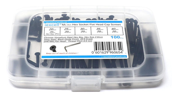 iexcell 100 Pcs M3 Hex Socket Flat Head Cap Screws Bolts Assortment Kit - 20/25/30/35/40 Alloy Steel, Black Oxide