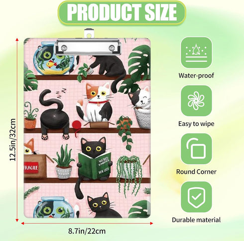 XIHEYUEBANG A4 12.6" 8.9" Cat Bookshelf Clipboard, Cute Decorative Clip Board with Metal Clip Pretty Plastic Clipboards
