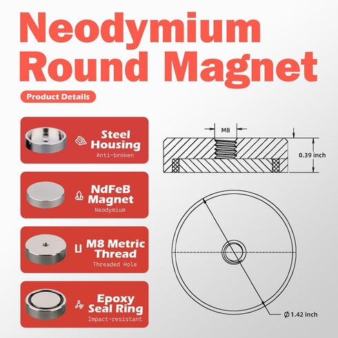 88lb 4Pack D1/4''-20 ULIBERMAGNET Strong Neodymium Round Magnet with Female Thread, Powerful Magnetic Removable