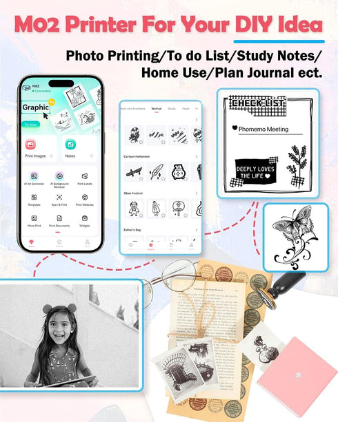 Phomemo Mini Sticker Printer, Mini Printer Sticker Maker Machine M02 for Creative DIY, Pink