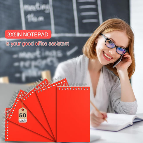 Cholemy 50 Pack Small Notepad, 3 x 5 Inch Mini Spiral Notebook, Lined Memo Pads, 75 Sheets, Red for Office School
