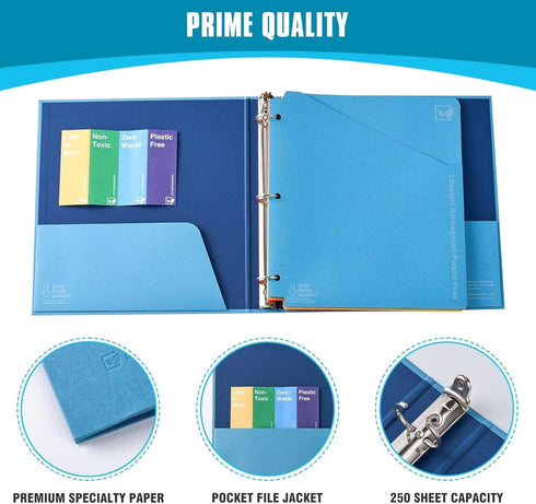 Blue Lake ECOLIFE 1 Inch 3 Ring Binder, Plastic-Free Organizer, Dividers with Pockets, Blue