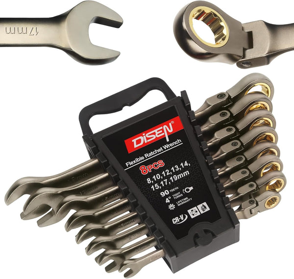 DISEN 90 Teeth Ratchet Wrenches Set 8 Pieces, Flex Head Ratcheting Wrench