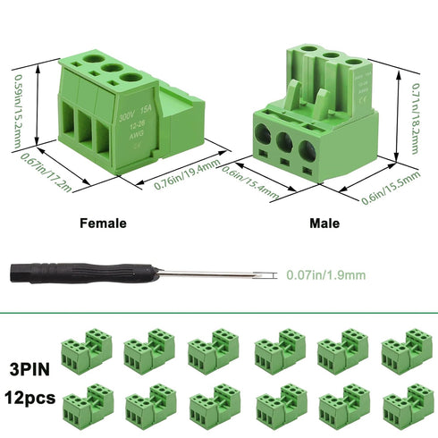 Tnisesm 12Pcs 3 Pin Screw Terminal Block Connector 5.08mm Pitch Pluggable with 3 Pin Phoenix Plug 300V 15A for 28-12AWG Cable