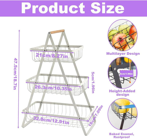 PAUANI 2/3 Haves(Black,3Layers) Tier Bread Vegetable Basket, Detachable Mesh Fruit Rack with Wooden Handle, Kitchens