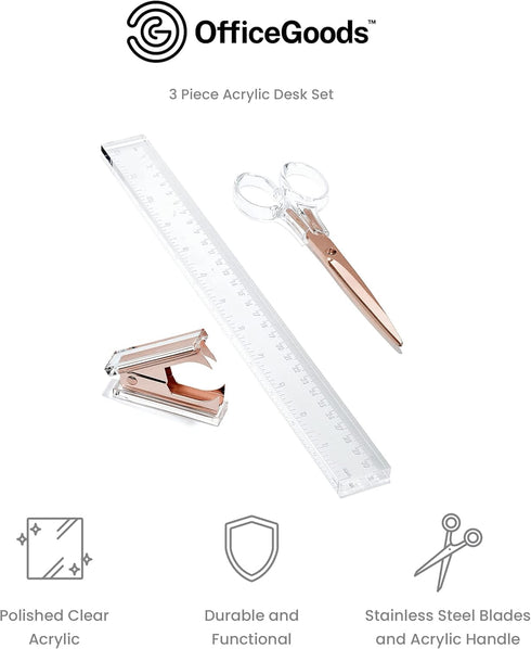OfficeGoods 3 Piece Acrylic Desk Set - Ruler, Staple Remover, Scissors - Elegant Desk Accessories in Clear with Rose