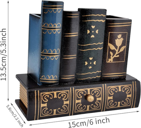 Vintage Book Pen Holder, Retro Wooden Desk Organizer with Drawer, Fake Book Shaped Pencil Cup for Office