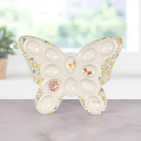 12 12.25 Inch Dolly Parton Jeweled Mosaic Butterfly Figural Deviled Egg Platter Dish, Ceramic Egg Holder Plate, Hole
