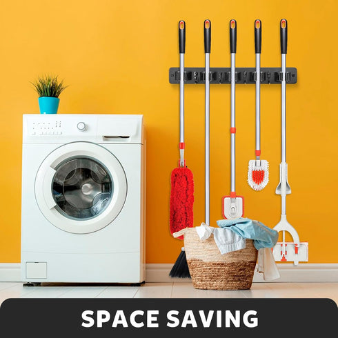 IMILLET Wall Mount Broom Holder, Wood Organizer with 5 Racks and 4 Hooks for Laundry Room and Home Storage