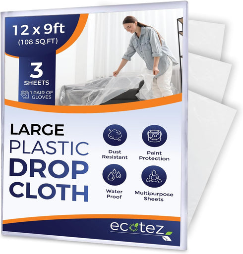 3 Pack 12 x 9 ft Extra Large Painter s Plastic Drop Cloth, Light & Durable Dust Cover, Clear Plastic Sheeting for