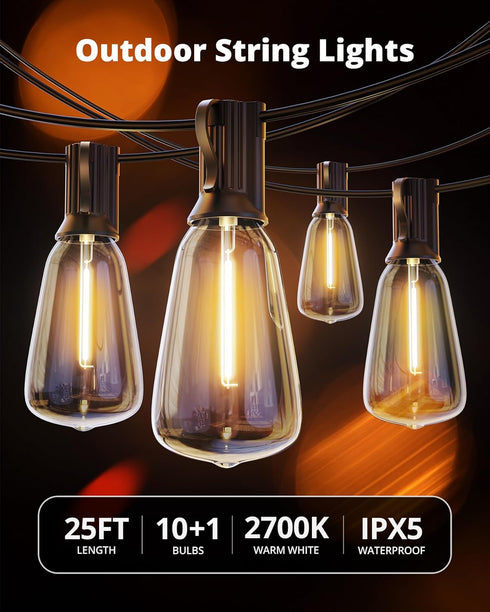 25FT IPX5 10+1 ST38 Bulbs, 2700K VIPAR Outdoor String Lights LED Patio Lights Waterproof with Shatterproof Edison