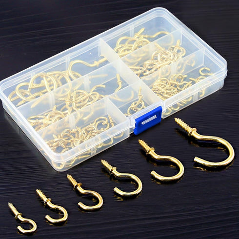 120Pcs Metal Screw-in Ceiling Hooks Kit, 6 Sizes, Gold Self-Tapping Cup Hooks for Home/Workplace/Office