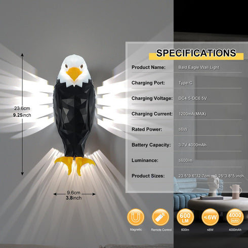 vasdaren Bald Eagle Wall Light,with Remote Control,Magnetic Wall Mounted Lamp with Timer Function,Ideal for Bedroom