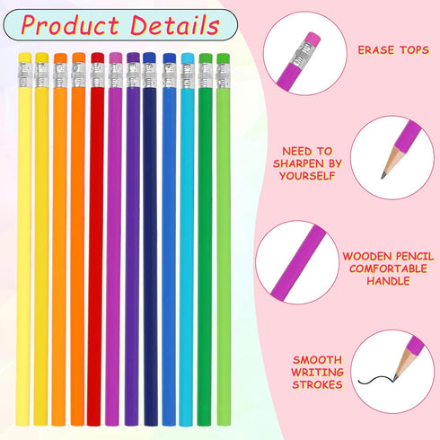 Whaline 48Pcs Colorful Pencils with Erasers - Rainbow Color Wooden Pencils Unsharpened for School and Office Stationery