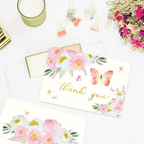 4x6 20-Pack) Gooji Butterfly Pink Floral Thank You Cards with Envelopes (Bulk Matching Peel-and-Seal Envelopes