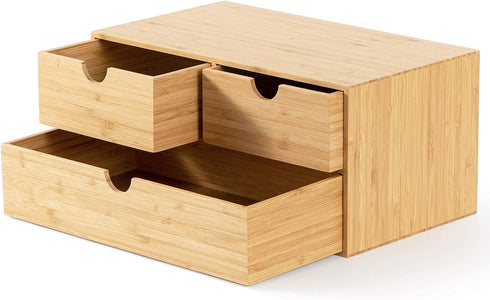 Wisuce Mini Bamboo Desk Organizer - 3 Drawer Tabletop Storage Box for Office and Home Supplies, No Assembly Required