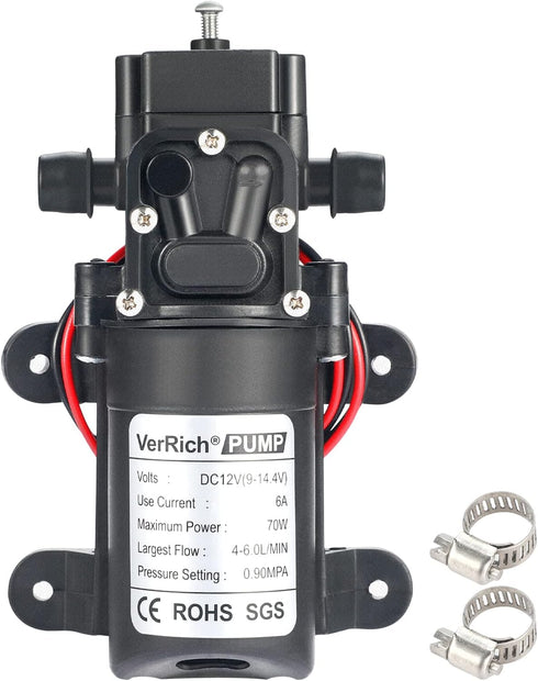 VerRich 12V Diaphragm Pump, 70W 6A Self Priming Sprayer Pump, 6 L/Min 0.9MPA 131 PSI for RV, Camper, Marine, Garden