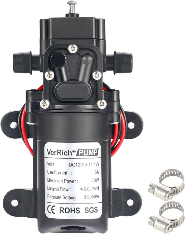 VerRich 12V Diaphragm Pump, 70W 6A Self Priming Sprayer Pump, 6 L/Min 0.9MPA 131 PSI for RV, Camper, Marine, Garden