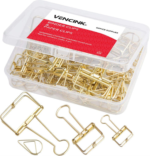 Gold Wire Binder Clips, 18 Pcs, 20 Pcs Cute Paper Clips Set, Assorted Sizes, Office Clamp Clips