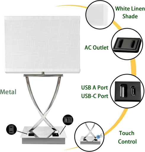 21.38" 3-Way Dimmable Bulb OYedis Table Lamp for Bedroom Living Room Touch Control Medium Chrome Bedside lamp with USB