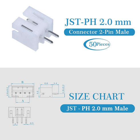 JST PH 2.0 mm Pitch 2-Pin JST Wiring Connecting IC Male Plugs, 50 Sets/200 Pieces Connector Kit