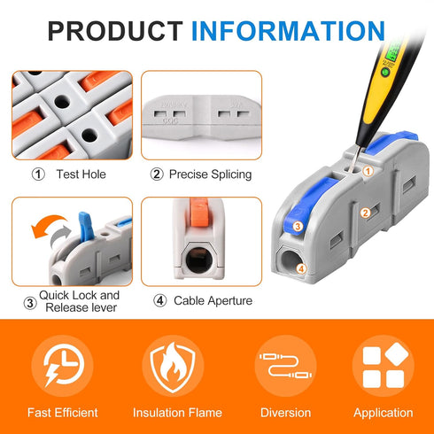 KLMNDUO 60pcs Lever Wire Connectors, 1 to 1 Inline Electrical Wire Connector Kit for Quick Connect 28-12 AWG