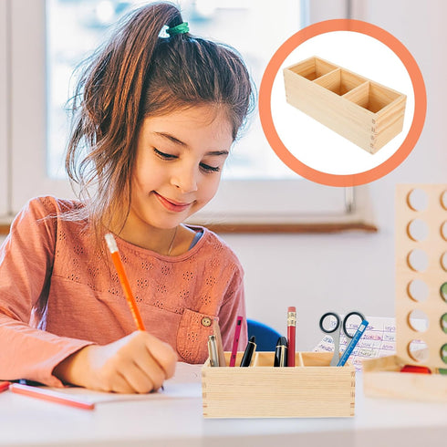 EXCEART Wood Pencil Holder for Desk, Multi-Functional Remote Control Holder with 3 Compartments for Office Supplies