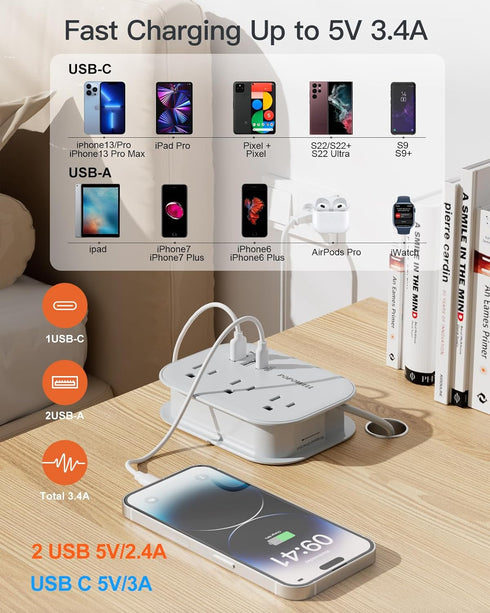 European Travel Plug Adapter USB C, Popowell International Adapter, 4 FT Power Strip with 3 Outlets & 3 USB