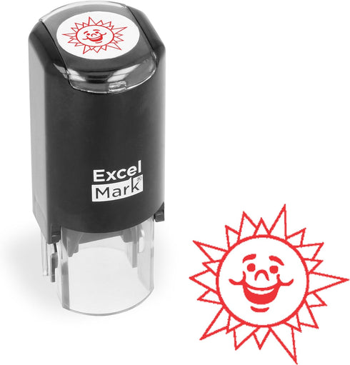 ExcelMark Round Teacher Stamp - Happy Sun, RED Ink