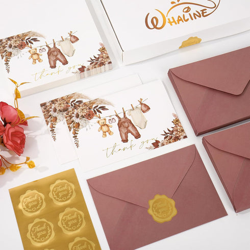 50 Pack Whaline Baby Shower Thank You Cards Boxed Boho Floral Bear Cloth Note Cards with Envelopes Stickers Greeting