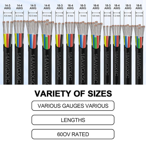 14 3 14 (25FT) Gauge Conductor Electrical Wire, AWG Tinned Copper Stranded PVC Cable, Waterproof/Flexible/Low Voltage