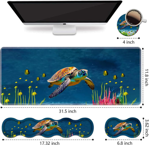Ergonomic Keyboard Wrist Rest and Mouse Pad Wrist Rest Set, Large XXL Gaming Mousepad 31.5"x11.8", Sea Turtle