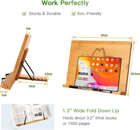 wishacc Book Stand XL-Large Size, 15.4" x 11.0" Adjustable Foldable Book Holder for Cookbooks, Textbooks, Tablets