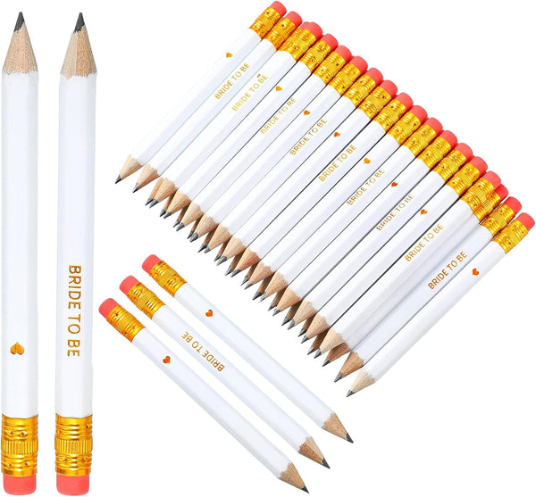 Outus 50 Pieces White Wedding Pencils for Bridal Shower, 4 Inch Mini Hexagon with Eraser, 2 Styles
