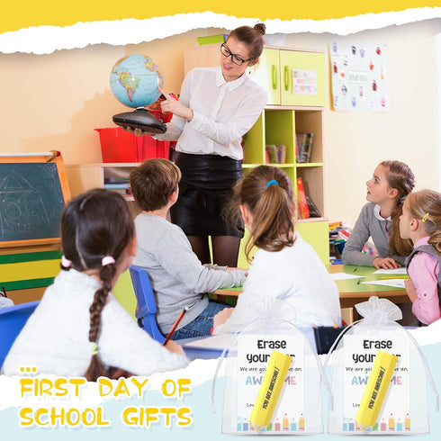 Spakon 25 Sets First Day of School Gifts, Inspirational Erasers & Organza Bag for Students
