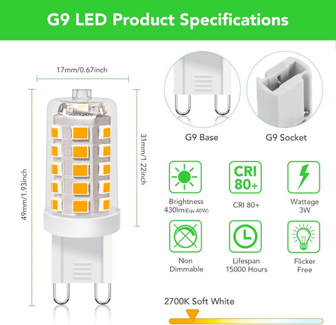 G9 Bulb 2700K 430 3W 40W T4 G9 360Beam 120V Non-Dimmable G9 Bulbs 6 Pack BUBO LED Soft White Lumens, Equivalent Halogen