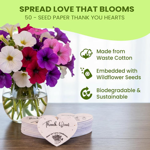 50 2.5in 2in Plantable Seed Paper Hearts with Wildflower Seeds- A Thank You Card That Grows | A Memorable Gift Tag That