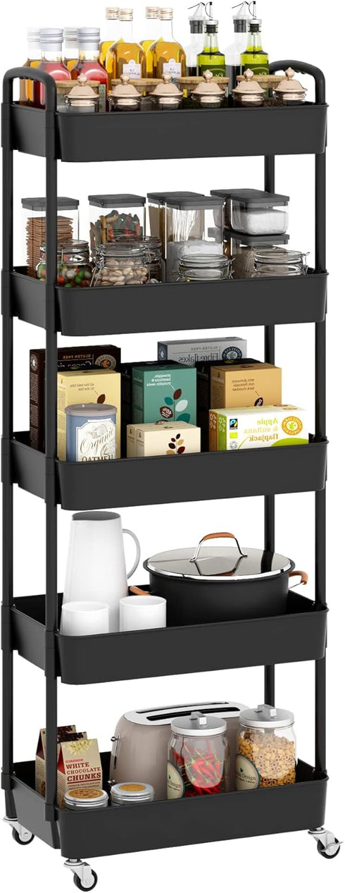 Sywhitta 5-Tier Plastic Rolling Utility Cart with Handle, Multi-Functional Storage Trolley for Office, Living Room,