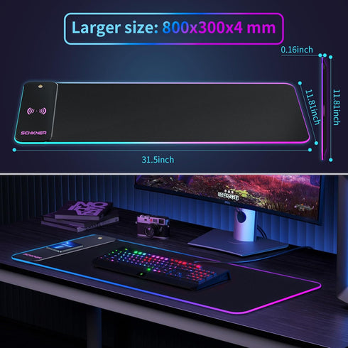 Large RGB Gaming Mouse Pad with Wireless Charging, LED Light, Non-Slip Rubber Base, Waterproof Desk Pad for Home Office