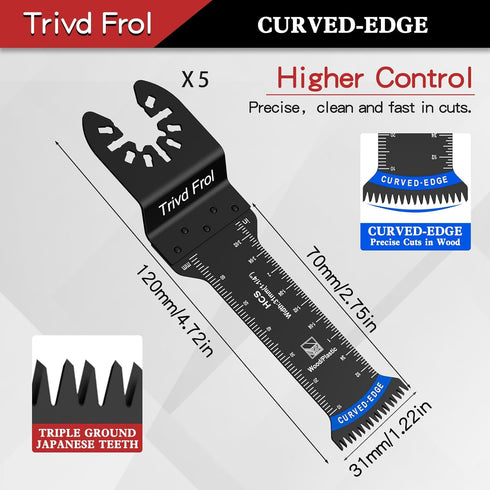 10PCS Extra Long Oscillating Saw Blades, Curved Edge Bi-Metal and Japanese Teeth Multitool Blades Precise Cut for Wood, Plastic, Nails, Metal, Fit Dewalt Milwaukee Bosch Worx Ryobi 70MM